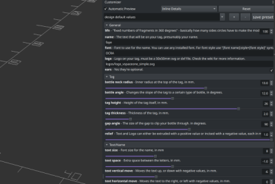 OpenSCAD: Customizer-Panel. Verschiedene Parameter werden hier mit Textfeldern und Slidern angegeben.