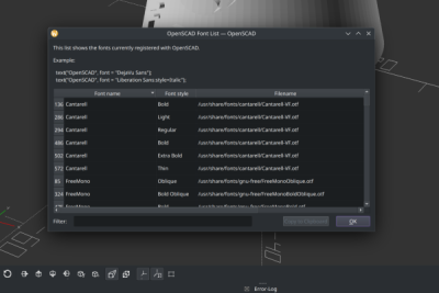 OpenSCAD, Fontlist Fenster: Hier werden die erkannten Fonts und deren Stile aufgelistet.