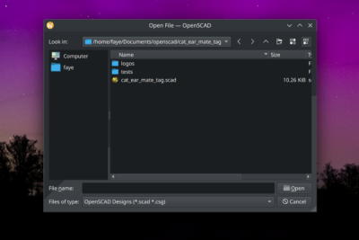 Dateiauswahlfenster von OpenSCAD. Es wird der Ordner mit den Projektdateien angezeigt.